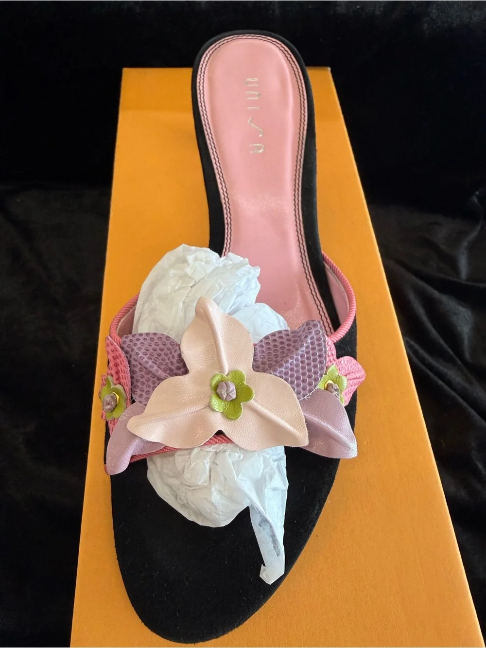 Unisa Pink and Black Floral kitten heels